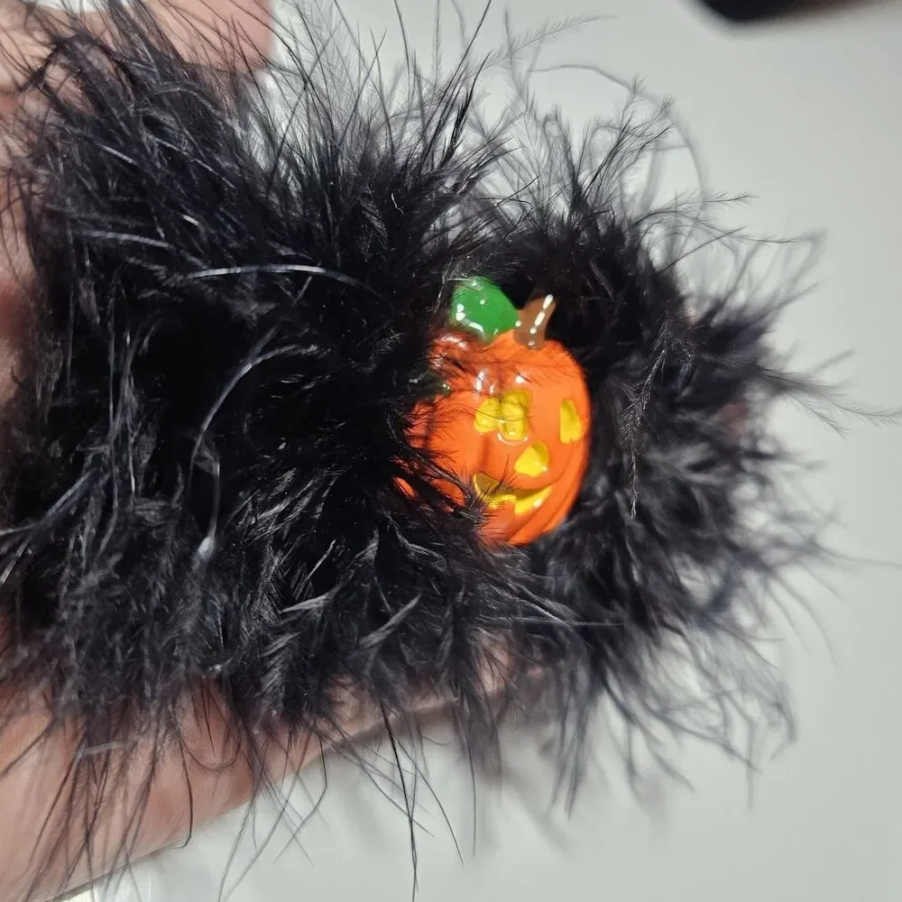 Black Feathery Orange Halloween Pumpkin Barrette Silver Tone